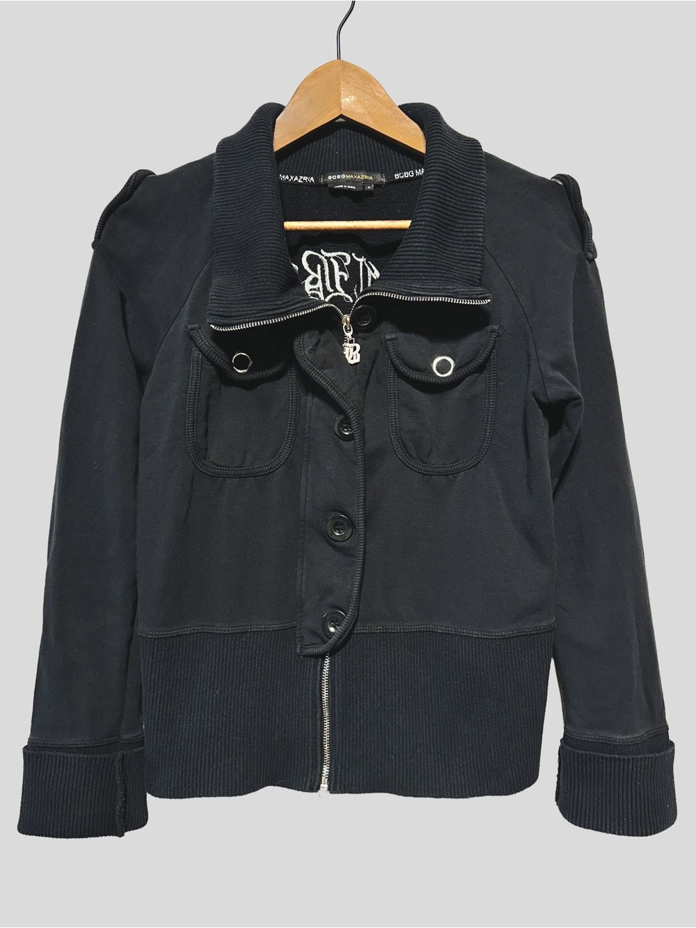 BCBG BCBGMAXAZRIA Black Y2K Goth Moto Track Jacket Rhinestone Logo Streetwear